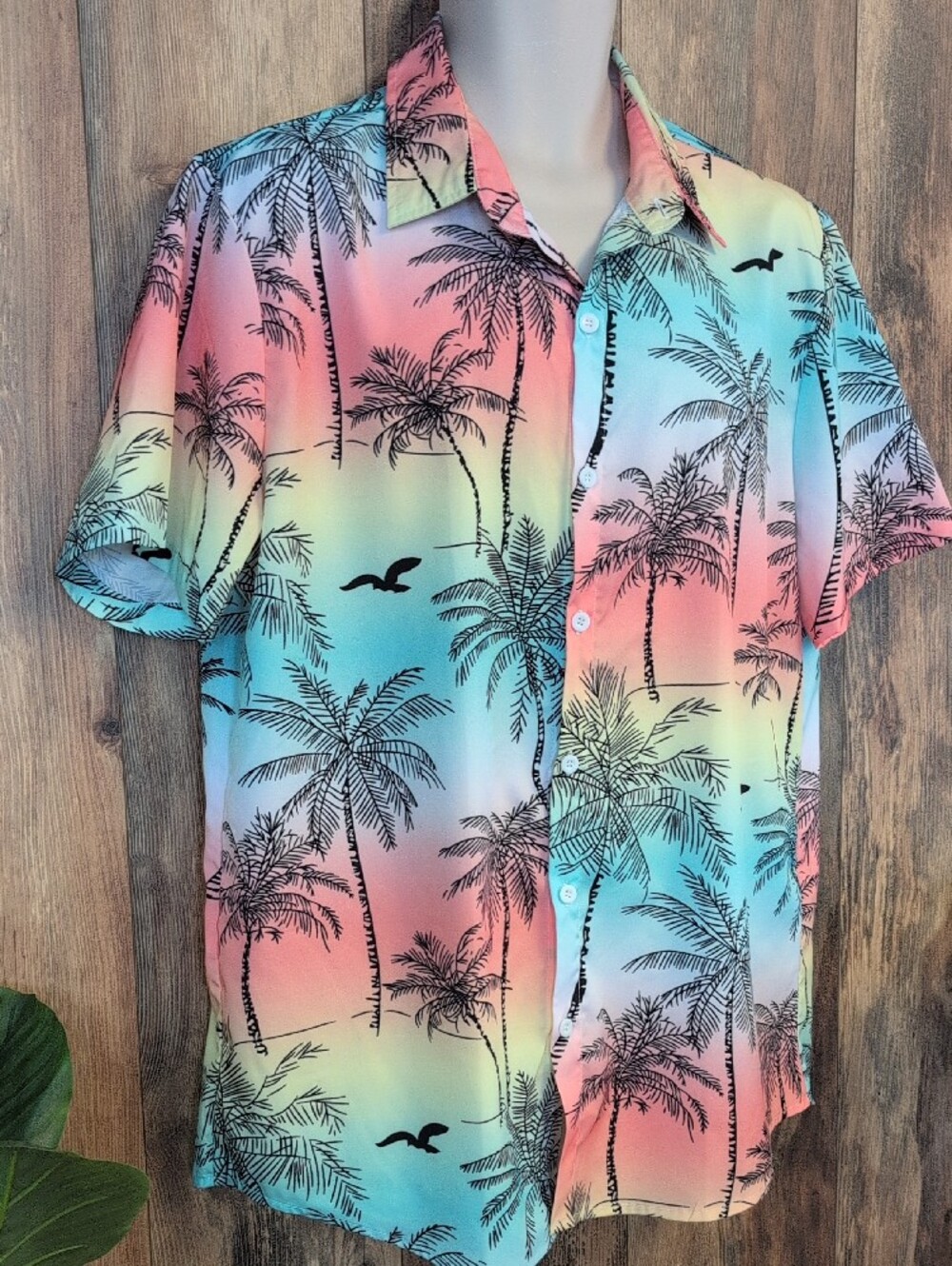 Manfinity Hawaiian Pastel Palm Print Short-Sleeve Button-Up Shirt XL        797A